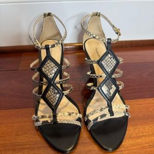 Alexandre Birman Black Leather and Python Diamond Wedge Sandals